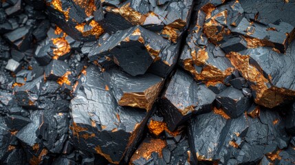 Poster - Rough textured rocks filled with black minerals and flecks of gold shimmer under natural light, highlighting their geological beauty, with shadows creating depth.