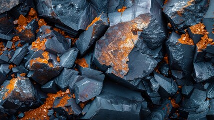 Fototapete - A detailed view of a rocky surface reveals a variety of dark stones mixed with striking orange deposits. The geological formation provides insight into the mineral richness of the area.