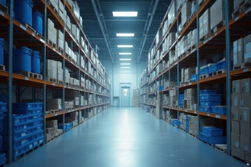 Wall Mural - a warehouse aisle with blue boxes and shelves