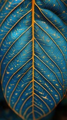 Wall Mural - Leaf with intricate blue and orange patterns captured up close