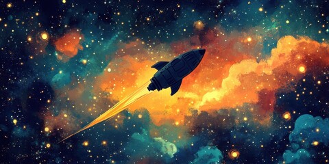 Rocket soars through space amidst a colorful cosmic backdrop