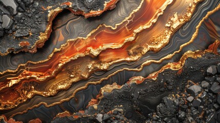 Fototapete - Striking geological formation displaying wavy layers of orange and gold minerals contrasted by dark rock textures, illuminated to reveal intricate details and unique patterns