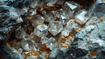 Aufkleber - Clear quartz crystals cluster within a rugged rock formation, highlighting their sparkling surfaces and sharp edges in a natural underground environment.