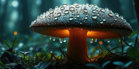 Wall Mural - Enchanted forest mushroom covered in dew drops, surrounded by magical glow, colorful, wet