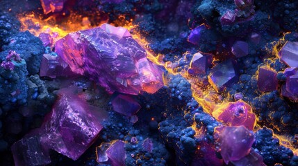 Aufkleber - Richly colored crystals emerge from a vivid landscape illuminated by flowing lava, creating a striking contrast between cool and warm tones in this unique geological environment.