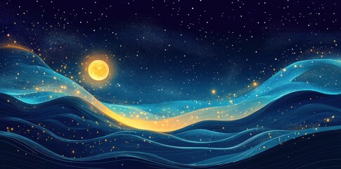 Wall Mural - Artistic depiction showing moonlit night over stylized ocean waves