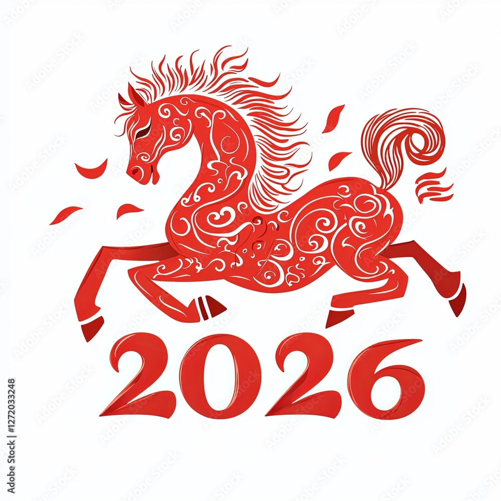Year of the horse 2026: vibrant red horse with intricate patterns and ...