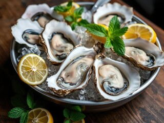 Wall Mural - Fresh oysters on ice with lemon wedges and mint, sophisticated, upscale, fish