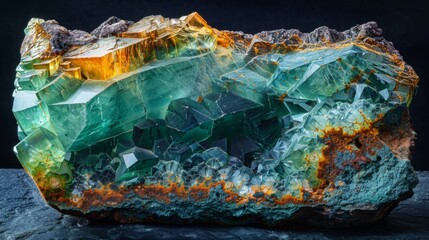 Aufkleber - Brightly colored mineral rock reveals intricate layers of green and orange crystals, highlighting the beauty and complexity of geological formations and natural processes over time