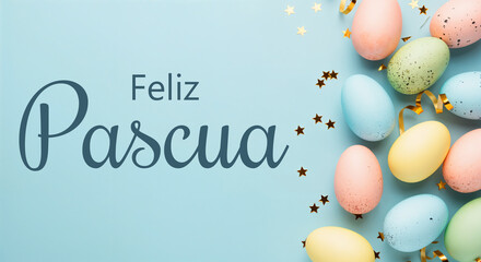 Wall Mural - pastel colored easter eggs arranged on a light blue background with golden confetti and the spanish 