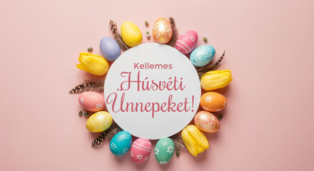 Wall Mural - colorful easter eggs and yellow tulips encircle a white circle with the hungarian greeting kellemes 