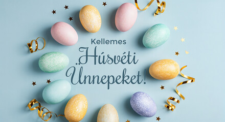 Wall Mural - pastel colored easter eggs forming a circle on a light blue background with golden confetti and ribb