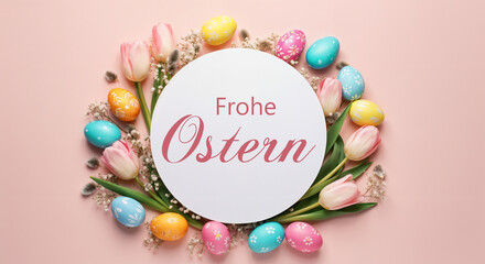 Wall Mural - colorful easter eggs and pink tulips encircle a white circle with the german words frohe ostern wish