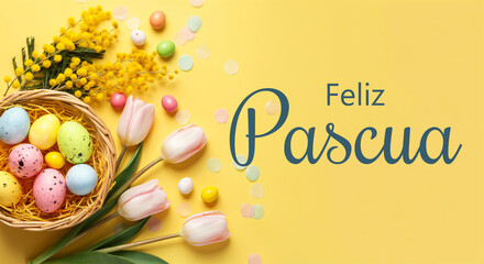 Wall Mural - easter eggs nestled in a wicker basket with pink tulips, mimosa flowers, and colorful confetti on a 