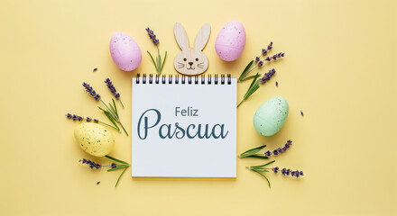 Wall Mural - notebook with feliz pascua surrounded by easter eggs, lavender flowers and a wooden bunny on a yello