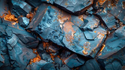 Poster - Vibrant blue and orange mineral patterns create a stunning visual in the rocky landscape, revealing unique textures and colors formed by natural processes over time.