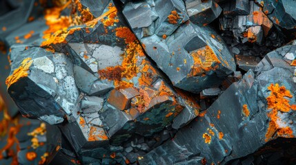 Aufkleber - Intricate mineral formations showcase a stunning contrast of orange and gray hues, highlighting the beauty of geological textures in a natural setting during daylight hours.