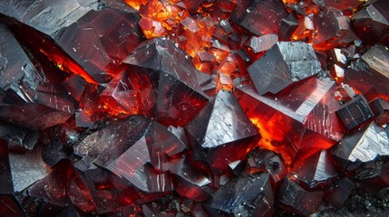 Aufkleber - Intricate red crystals shine with bright orange and black tones, creating a stunning visual effect that highlights their natural beauty and complex formations in a geological context.