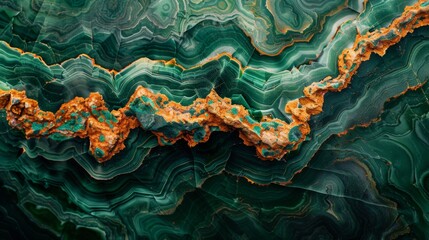 Poster - Close up view of a vibrant green agate stone, showcasing intricate layers and patterns, with hints of orange mineral deposits highlighting the natural beauty and texture of the rock.