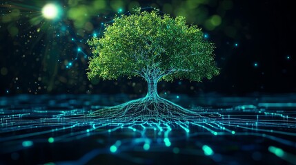 Wall Mural - futuristic tree with digital roots glowing amidst virtual landscape