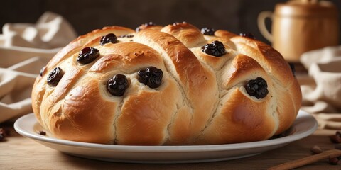 Wall Mural - freshly baked loaf of soft bread with plump raisins on a ceramic plate , clean, sleek, raisins