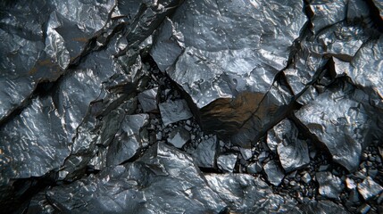 Fototapete - A detailed view of shiny black rocks interspersed with fine gravel showcases the intricate textures and patterns in a natural environment during daylight.