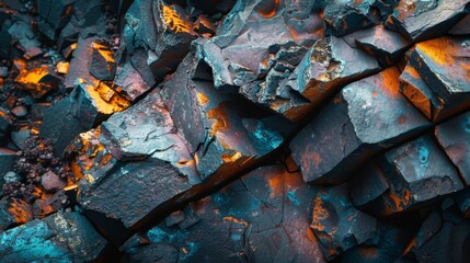 Poster - A close up view of fragmented rock surfaces reveals an array of colors and textures. Bright orange, blue, and natural grays are evident, highlighting geological features.
