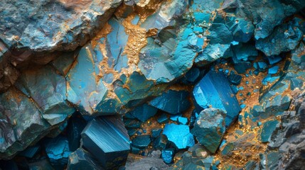 Aufkleber - Vivid turquoise and gold mineral formations highlight the unique geological features of this rocky area, revealing a stunning display of colors and textures in natural surroundings.
