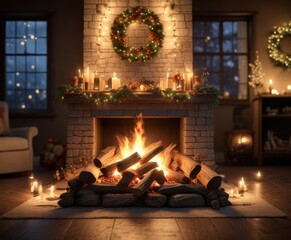 crackling fire and twinkling lights in a festive holiday setting, holiday, crackling, festive