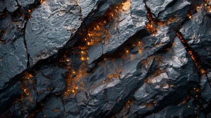 Aufkleber - Volcanic rock displays a rough surface with glowing embers illuminating cracks, creating a dynamic texture in a dark landscape during nighttime.