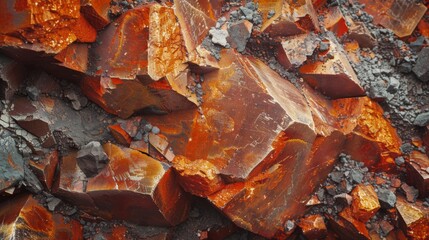 Fototapete - Deep orange and reddish mineral formations create a striking visual contrast with the surrounding rocky terrain. Sunlight enhances the vibrant colors and textures of the minerals.