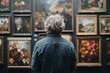 © Martinesku - Back view of young adult person looking at renaissance style paintings in an old museum art gallery, respecting classic artwork
