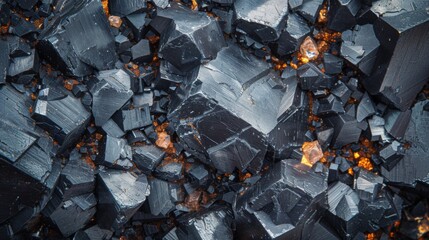 Aufkleber - This striking formation showcases glossy black crystals interspersed with glowing orange accents, highlighting the fascinating textures and colors of the mineral deposit.