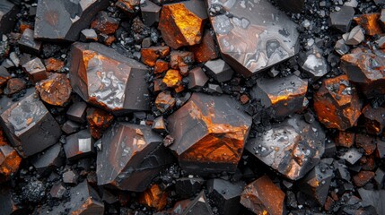 Aufkleber - Vibrant black and orange mineral formations are spread across rocky ground, reflecting natural light and showcasing intricate textures and colors in a striking display.