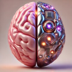 Wall Mural - futuristic concept of ai vs human brain, merging biology and technology in artificial intelligence