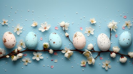 Wall Mural - Vibrant easter eggs surrounded by spring flowers on a blue background for a joyful easter card