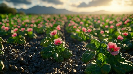 Sticker - Pink flowers field sunset agriculture landscape