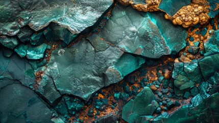 Poster - Close up view of malachite and chalcopyrite minerals displaying intricate textures and vibrant colors, revealing the beauty of natural geological formations.