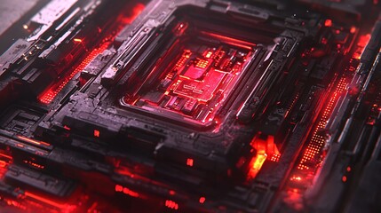 Red glowing circuit board, technology concept