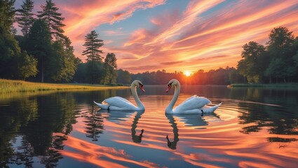 Wall Mural - swans glide peacefully on a tranquil lake at sunset amidst vibrant clouds and reflections