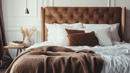 Canvas Print - Cozy bedroom with brown and white bedding and elegant tufted headboard