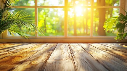 Sticker - Sunny window view, wooden surface, green trees