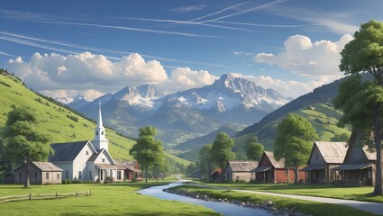 Wall Mural - serene countryside landscape with mountains, quaint houses, and a church under a blue sky