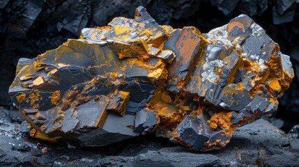 Poster - A striking mineral specimen displays vibrant orange and black colors with detailed textures, resting against a dark, rocky background in natural lighting.