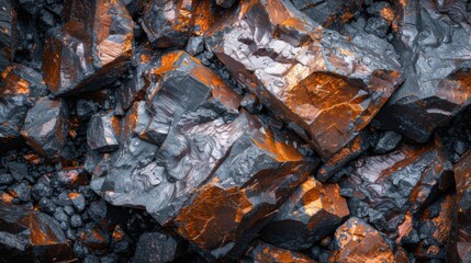 Leinwandbilder - Natural minerals with dark tones and striking orange highlights are closely packed together, showcasing sharp angles and intricate textures under soft lighting.