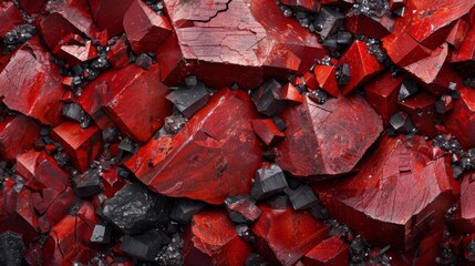 Poster - Vivid red mineral crystals display a striking contrast with dark stone fragments, revealing intricate textures and patterns formed over millennia in nature's laboratory.