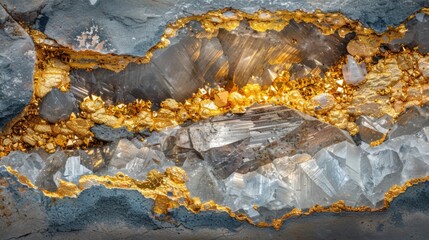 Aufkleber - Layers of clear quartz interspersed with striking veins of gold highlight the mineral composition of this rock sample, revealing natural beauty and geological intricacies.