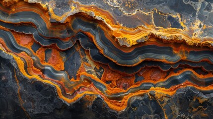 Aufkleber - Banded agate stone displays vibrant orange, gray, and black layers, illustrating the natural beauty of mineral formations. This stunning specimen captivates with its unique designs.