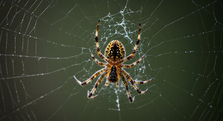 Close-up photo of a spider spinning its web, showcasing the intricate details and delicate threads, with an emphasis on the textures and colors of the web
