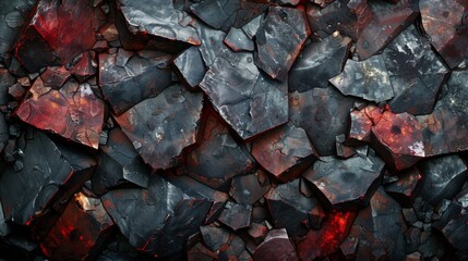 Aufkleber - A close up view of jagged volcanic rock pieces displaying shades of red and black, illustrating the beauty and complexity of volcanic activity in a natural setting.